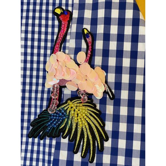 Pings Imports Pleats Collection Pink Flamingo Applique on Gingham Print in Blue - Picture 3 of 5